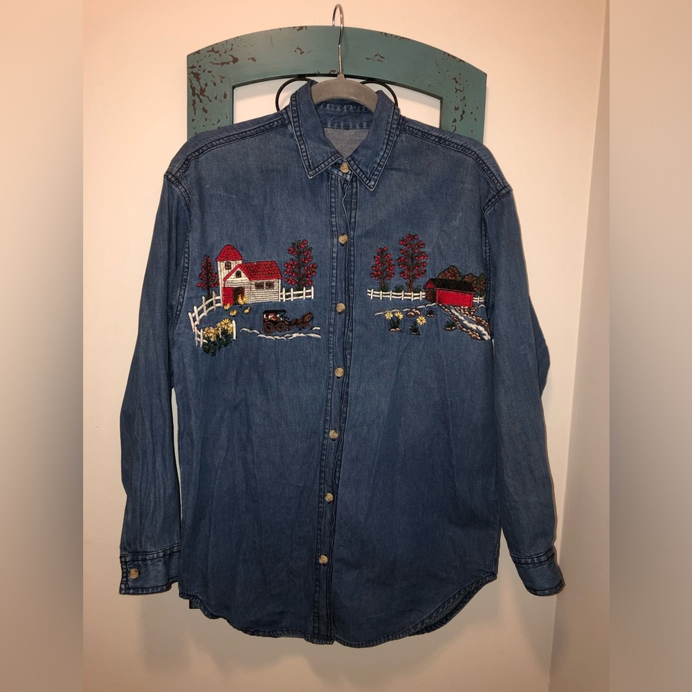 Vintage Embroidered Denim Shirt Farm Scene